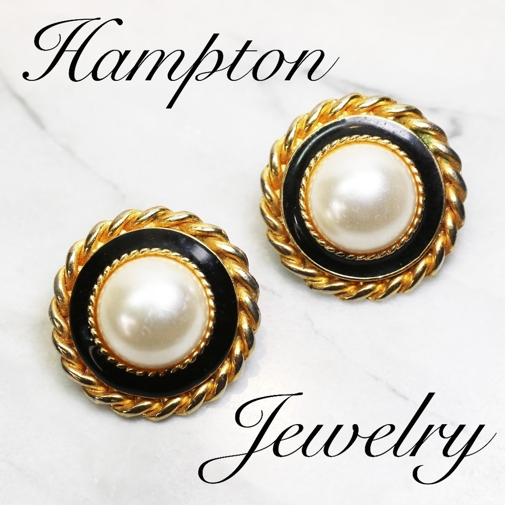 Earrings ~ Gold & Black Enamel Simulated Pearls in Chanel Style Pierced Setting